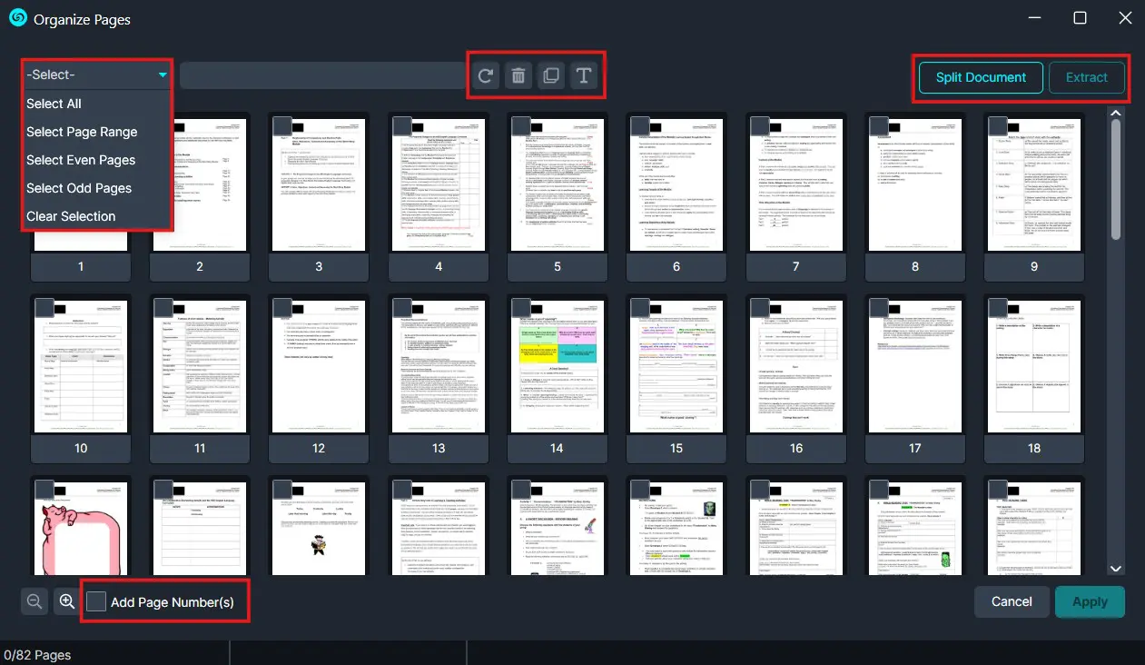 PDF page organizer UI with a grid of page thumbnails, a page-selection dropdown, a top action toolbar, Split Document and Extract buttons, and an Add Page Numbers checkbox.
