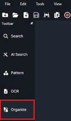 Dark themed app sidebar showing navigation options; highlights 'Organize' at bottom with an icon, among items like Search, AI Search, Pattern, and OCR.