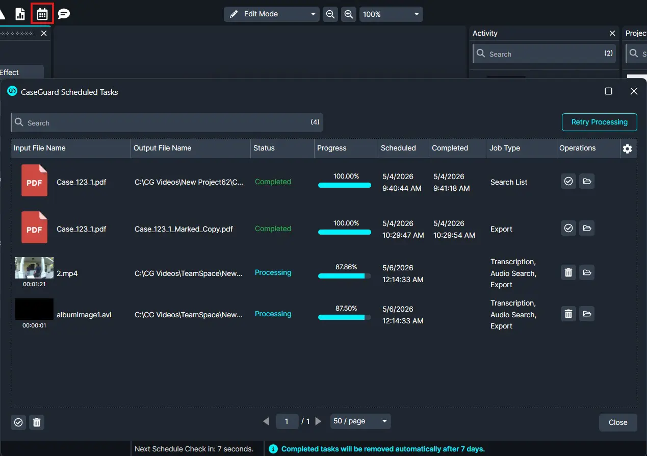 Scheduled-tasks | CaseGuard Window showing CaseGuard Scheduled Tasks with a list of files, statuses, and progress bars (Completed/Processing).