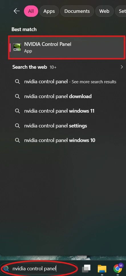 Search-bar | CaseGuard Windows search results showing NVIDIA Control Panel as the best match, with its app icon highlighted inside a red outline, and the search term'nvidia control panel' typed in the taskbar.