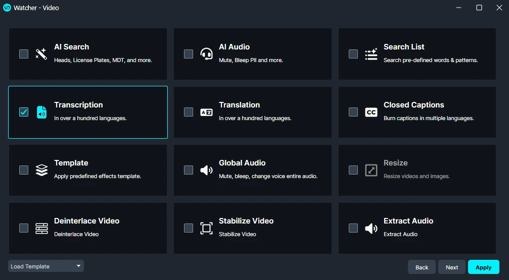Watcher-Transcription 1 | CaseGuard Video editing tool panel with a grid of features; Transcript is selected, others include AI Search, AI Audio, Translation, Closed Captions, Resize, and Extract Audio; Apply button visible.