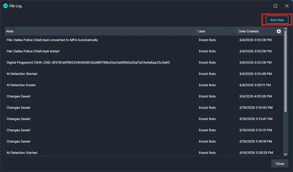 add-new | CaseGuard Dark software File Log window showing log notes and an highlighted Add New button in the top-right corner