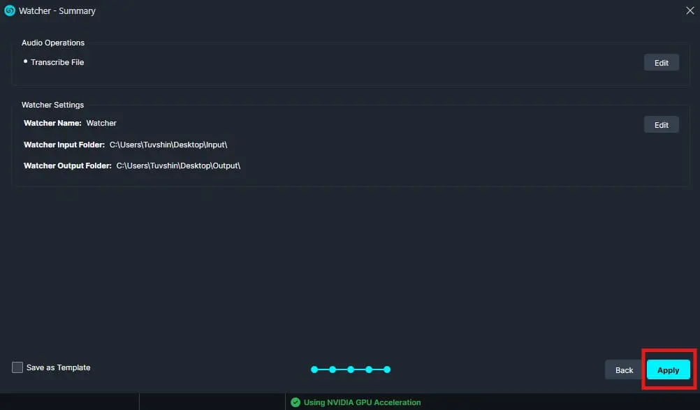 apply-settings | CaseGuard Watcher app: Summary/settings screen showing Audio Operations (Transcribe File) and input/output folder paths; Apply button highlighted.