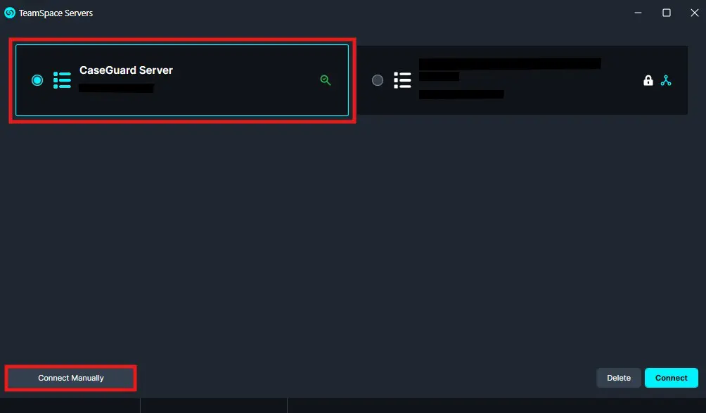 TeamSpace Servers UI with a highlighted server card labeled 'CaseGuard Server' and a 'Connect Manually' button at the bottom left