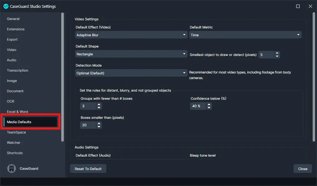 CaseGuard Studio Settings: Media Defaults panel with video and audio options visible, left navigation highlighting Media Defaults.
