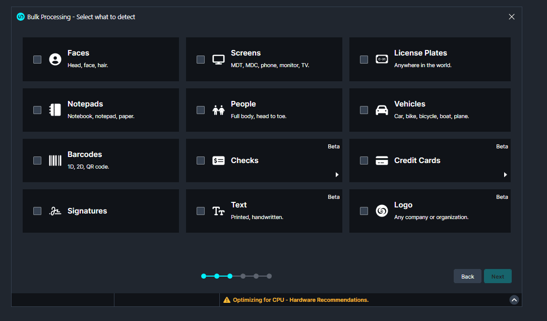 ss1 | CaseGuard Bulk processing wizard: grid of detectable categories including Faces, Screens, License Plates, Notepads, People, Vehicles, Barcodes, Checks, Credit Cards, Signatures, Text, and Logo.