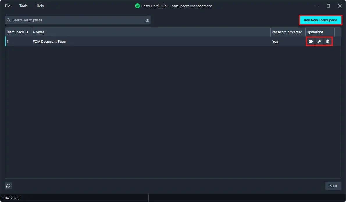 teamspaces-management-window | CaseGuard TeamSpaces management window with a single space named 'FOIA Document Team' and an Add New TeamSpace button highlighted at top right.