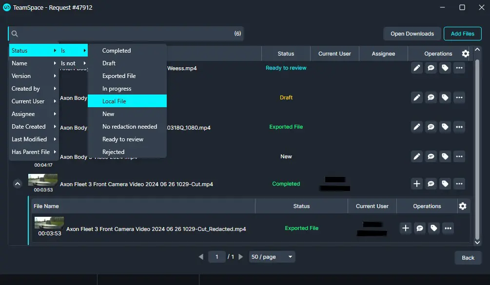 Dark TeamSpace file manager window with a status filter menu open; shows 'Local File' highlighted and a list of files with statuses like Draft, Exported File, Completed in a dark UI.