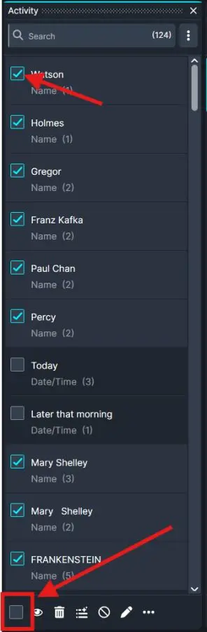 Dark activity panel listing names with checkboxes; Watson and Frankenstein selected; bottom-left highlighted empty checkbox.