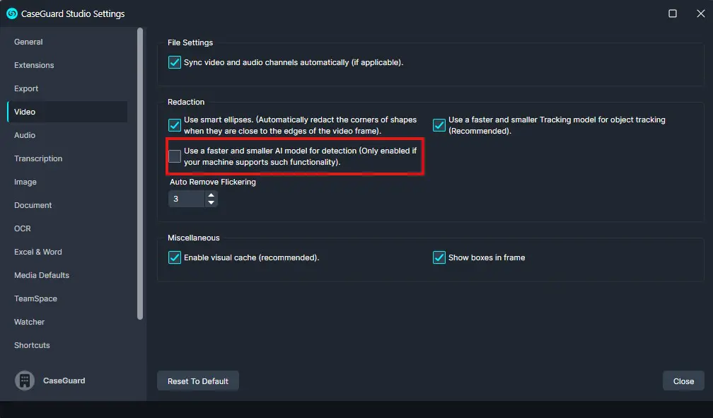 Small-AI | CaseGuard CaseGuard Studio Settings window, Video tab with options like syncing video and audio channels, smart redaction corners, faster AI models for detection and tracking (one option disabled), Auto Remove Flickering set to 3, and checkboxes for enabling visual cache and showing boxes in frame.