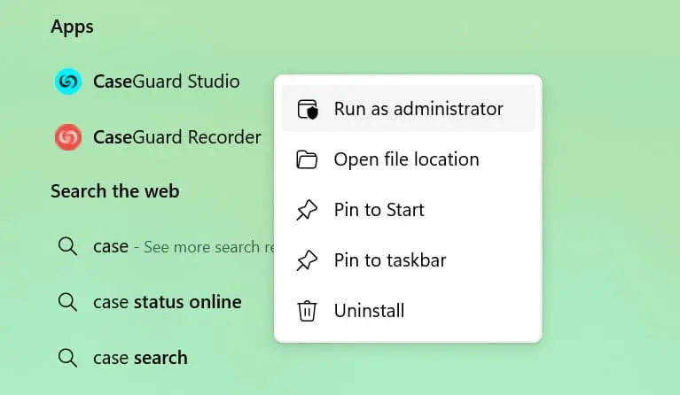 cg-run-as-admin | CaseGuard Illustration of CaseGuard apps with a floating context menu listing Run as administrator, Open file location, Pin to Start, Pin to taskbar, Uninstall.