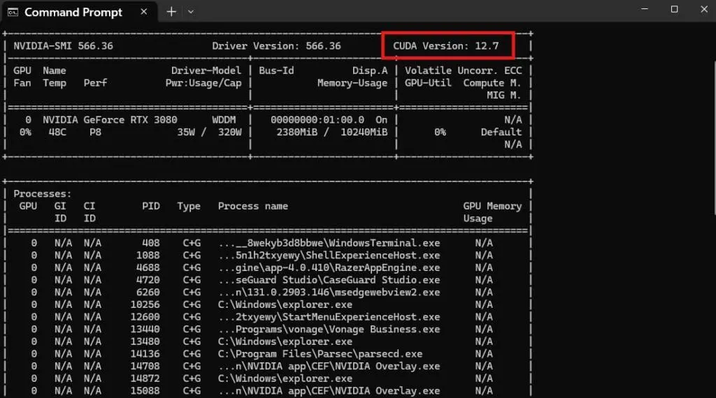 cuda-version-location-1024x570 | CaseGuard Command Prompt window displaying NVIDIA SMI output; CUDA Version: 12.7 highlighted, with GPU and running processes listed.