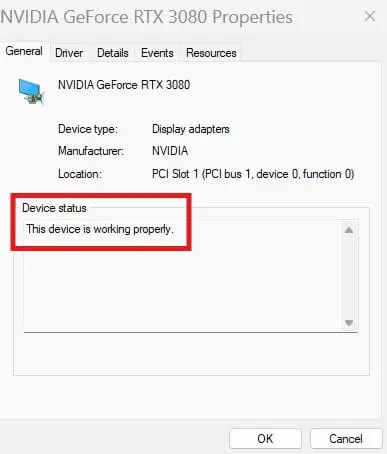 device-status-gpu | CaseGuard Windows Properties dialog for NVIDIA GeForce RTX 3080 showing device status: This device is working properly in the General tab, Display adapters section.