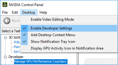 enable-dev-settings | CaseGuard NVIDIA Control Panel with Desktop tab open; 'Enable Developer Settings' is checked and related options are visible.