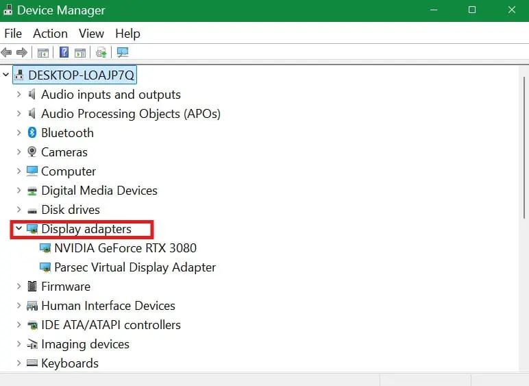 extend-display-adapters | CaseGuard Windows Device Manager with the 'Display adapters' category expanded, showing NVIDIA GeForce RTX 3080 and Parsec Virtual Display Adapter.