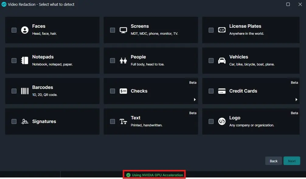 look-for-green-footer | CaseGuard UI for video redaction with a grid of detection categories (Faces, Screens, License Plates, Notepads, People, Vehicles, Barcodes, Checks, Credit Cards, Signatures, Text, Logo) and an NVIDIA GPU Acceleration status bar.