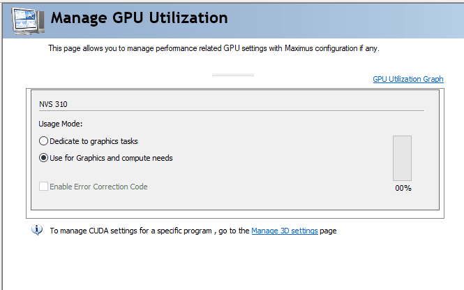 nvidia-manage-settings | CaseGuard Screenshot of a 'Manage GPU Utilization' window for NVS 310, showing usage mode options (Dedicated to graphics tasks or Use for graphics and compute needs) and a 0% progress bar.