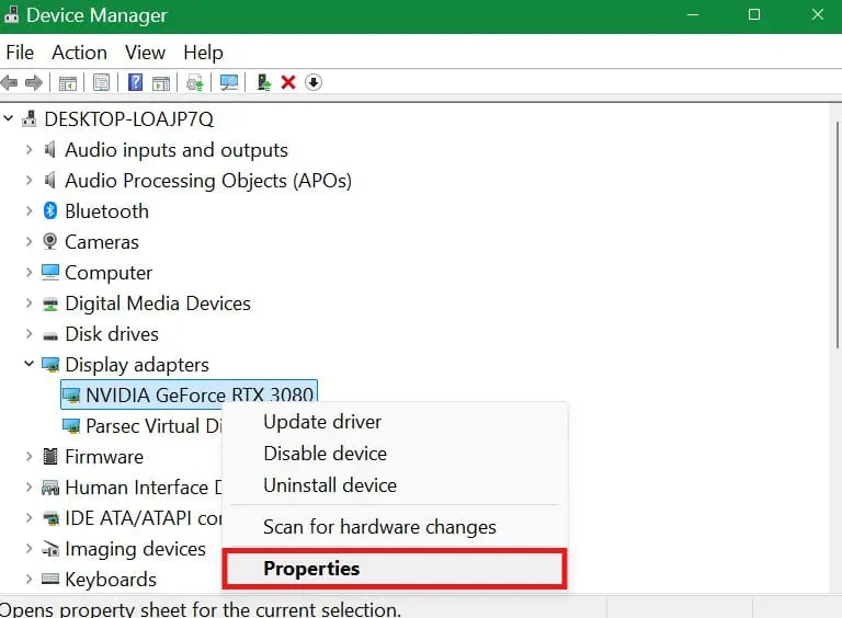 select-properties-gpu | CaseGuard Windows Device Manager with Display adapters expanded; NVIDIA GeForce RTX 3080 selected and right-click menu open (Properties highlighted). a context menu shows Update driver, Disable device, Uninstall device, Scan for hardware changes, and Properties highlighted.