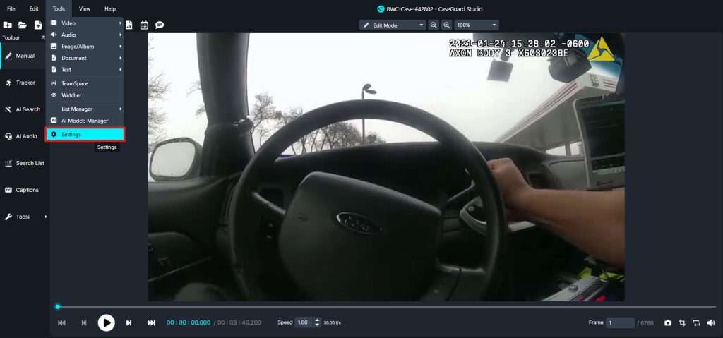 settings-new | CaseGuard View from inside a car cockpit showing hands on the steering wheel; video editing software UI surrounds the scene.
