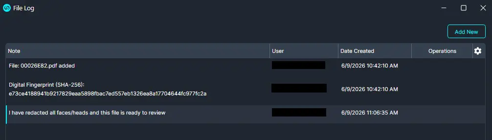 Comments-Final | CaseGuard Dark-themed file log UI showing notes with user, date created, and actions; entries include file added, SHA-256 fingerprint, and a note about redacting faces