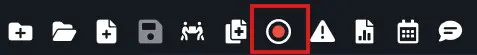 Application toolbar with multiple icons; the central round red button is highlighted, suggesting a Record action.