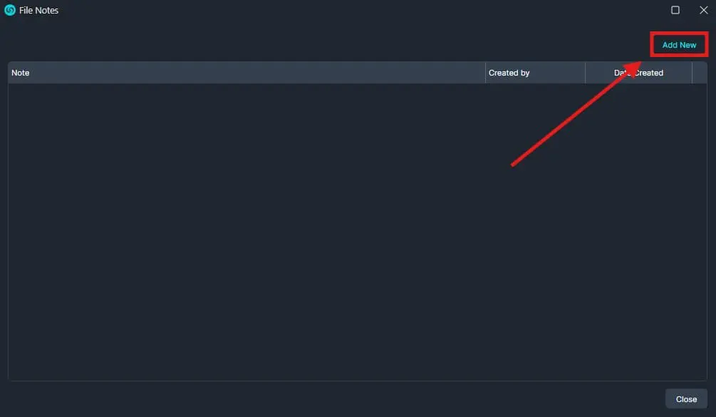 add-new-top-right | CaseGuard File Notes window with an empty list and an emphasized Add New button in the top-right.