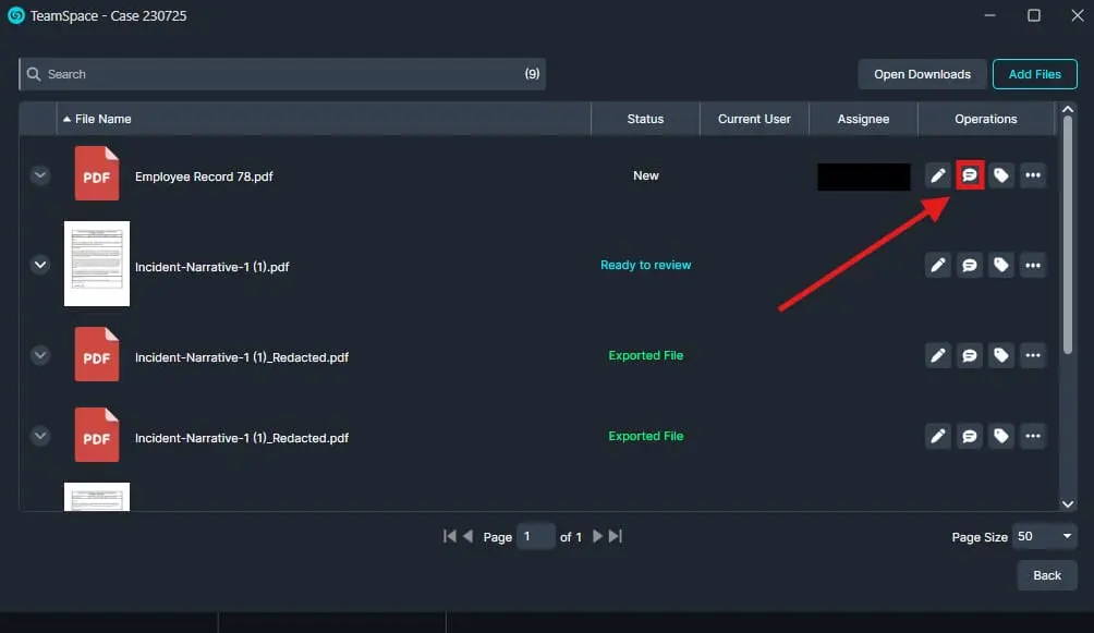 comment-icon | CaseGuard TeamSpace file list showing PDF documents and statuses; a red arrow points to the Comment icon in the Operations column.