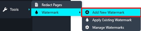 Dropdown menu in a design app showing Watermark options;'Add New Watermark' is highlighted.