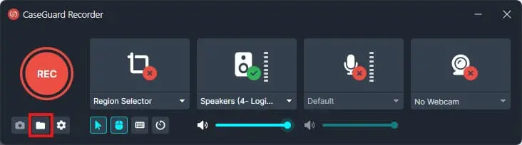 CaseGuard Recorder UI with a red REC button on the left, a highlighted folder icon, and four panels for Region Selector, Speakers, Default mic, and No Webcam, plus a bottom toolbar of controls.