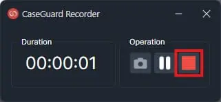 CaseGuard Recorder UI showing a running timer 00:00:01 and media controls; the stop button is outlined in red.