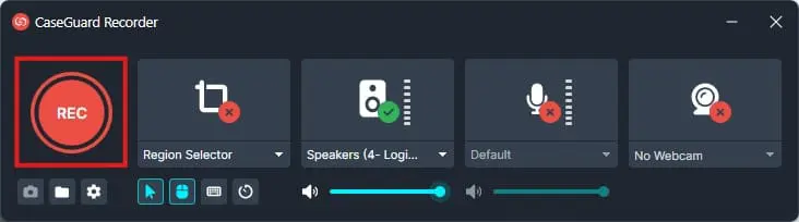 CaseGuard Recorder interface with a prominent red REC button highlighted on the left, alongside panels for Region Selector, Speakers, Default mic, and No Webcam, plus control icons at the bottom.