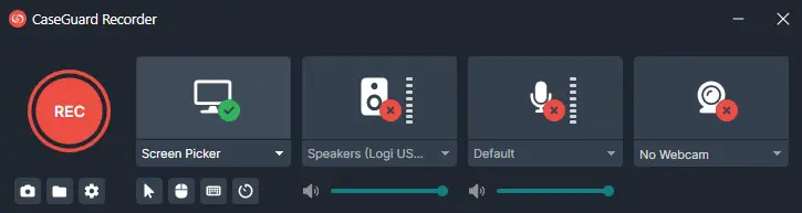CaseGuard Recorder UI with a large red REC button on the left and four status panels: Screen Picker (green check), Speakers (muted), Default device, and No Webcam (muted).