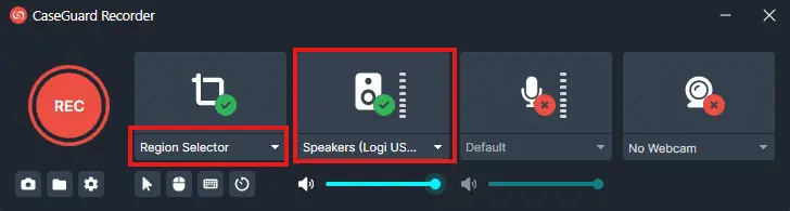 CaseGuard Recorder UI with a large red REC button and two capture panels: Region Selector and Speakers (Logi USB) with defaults and No Webcam option on the right.