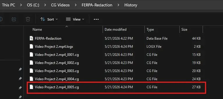 History-recent | CaseGuard Windows Explorer showing a folder of video project files; the selected item is 'Video Project 2.mp4_0005.cg' (CG File, 27 KB).