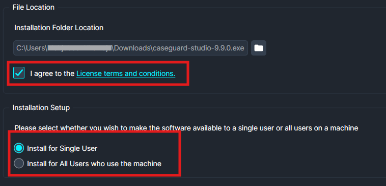 Checkbox to agree to License terms and conditions, highlighted in a red box, within the installer screen.