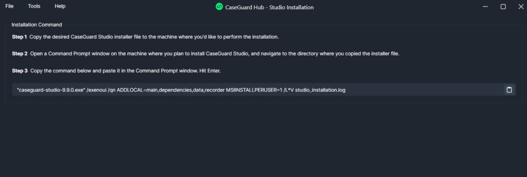 Dark Studio installer screen showing Installation Command with Step 1–3 instructions and a copyable command box.