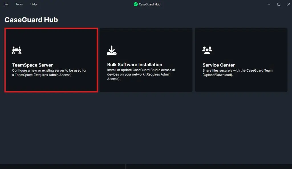 CaseGuard Hub dashboard with three tiles: left highlighted TeamSpace Server (configures a server for TeamSpace), Bulk Software Installation, and Service Center.
