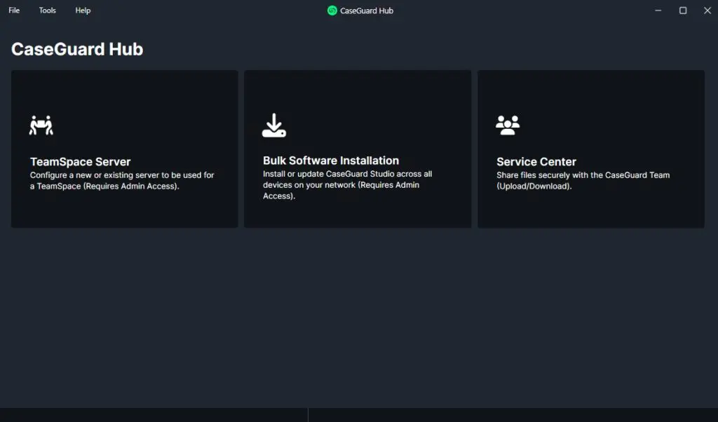 CaseGuard Hub window showing three tiles: TeamSpace Server, Bulk Software Installation, and Service Center (dark theme).