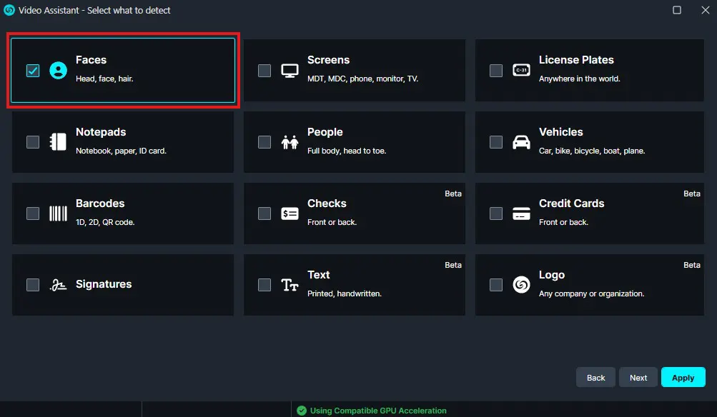 faces-search 1 | CaseGuard Dialog window for selecting what to detect in Video Assistant; Faces option is checked and highlighted. Other categories: Screens, License Plates, Notepads, People, Vehicles, Barcodes, Checks, Credit Cards, Signatures, Text, Logo.