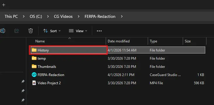 history-folder | CaseGuard Windows File Explorer: FERPA-Redaction folder contents with the History folder highlighted in red, among items like temp, Thumbnails, and Video Project 2.