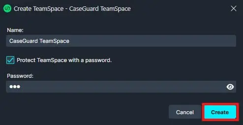 Dialog to create a password-protected TeamSpace: enter name and password, then choose Create or Cancel (Create is highlighted).