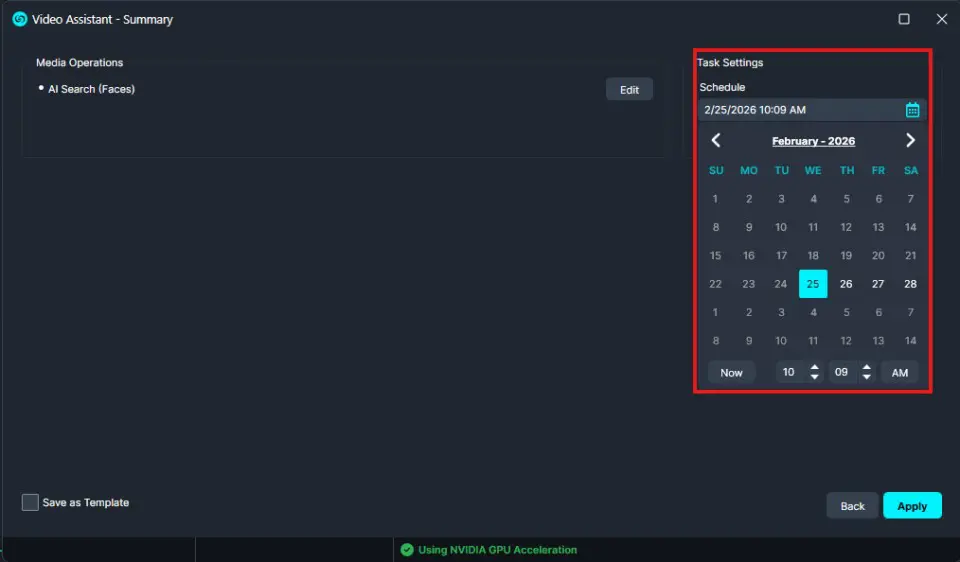 schedule | CaseGuard Task Settings panel with a calendar date picker for scheduling a video operation