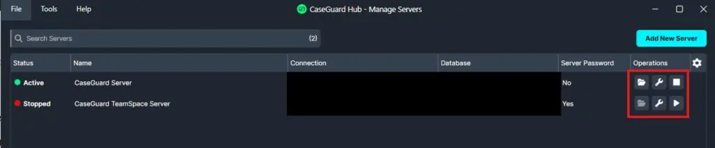 CaseGuard Hub Manage Servers screen showing two servers: Active CaseGuard Server and Stopped CaseGuard TeamSpace Server, with an Operations column of action icons on the right and an Add New Server button visible.