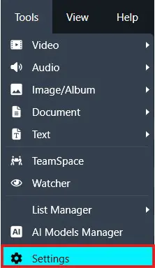 Vertical navigation/settings menu with items: Video, Audio, Image/Album, Document, Text, TeamSpace, Watcher, List Manager, AI Models Manager, and Settings highlighted in cyan.