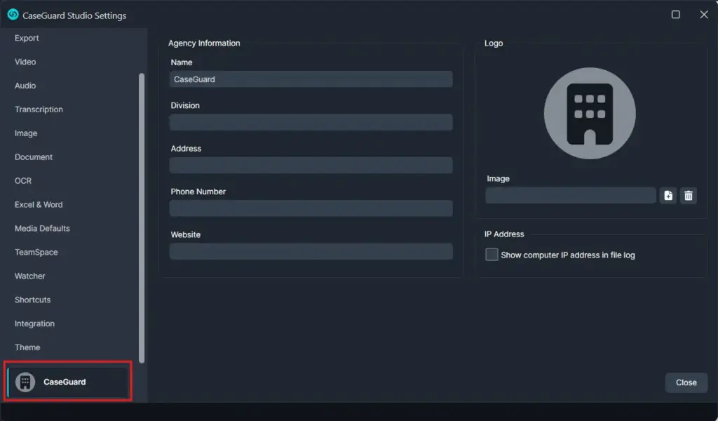 CaseGuard Studio Settings window: Agency Information form with fields for Name, Division, Address, Phone, Website and a logo area on the right.