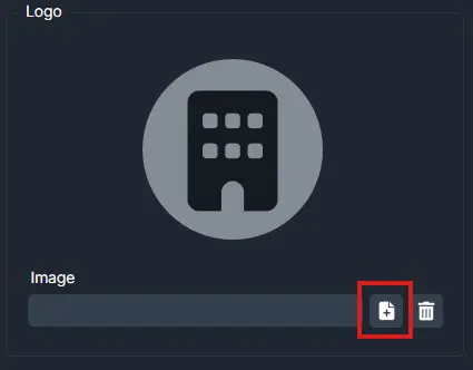 Circular gray logo placeholder showing a simple building icon; small upload button beside it.