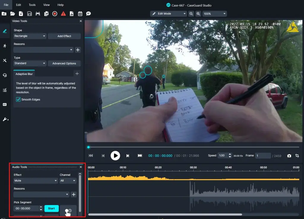 Screenshot of a video editor UI showing a street-scene video frame with hands writing in a notebook, plus timeline and audio panels visible on the left and bottom.