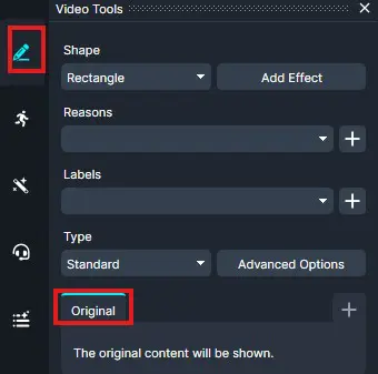 Original | CaseGuard Video Tools panel showing Shape: Rectangle and Original option selected; pencil icon in left toolbar highlighted.