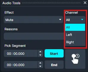Screenshot of an Audio Tools panel: Channel set to All, Effect is Mute, with Start/End time fields and a Start button, plus a hand-icon button.