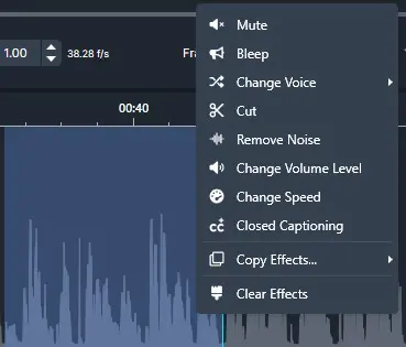 Context menu in an audio editor over a waveform, with options: Mute, Bleep, Change Voice, Cut, Remove Noise, Change Volume Level, Change Speed, Closed Captioning, Copy Effects, Clear Effects.